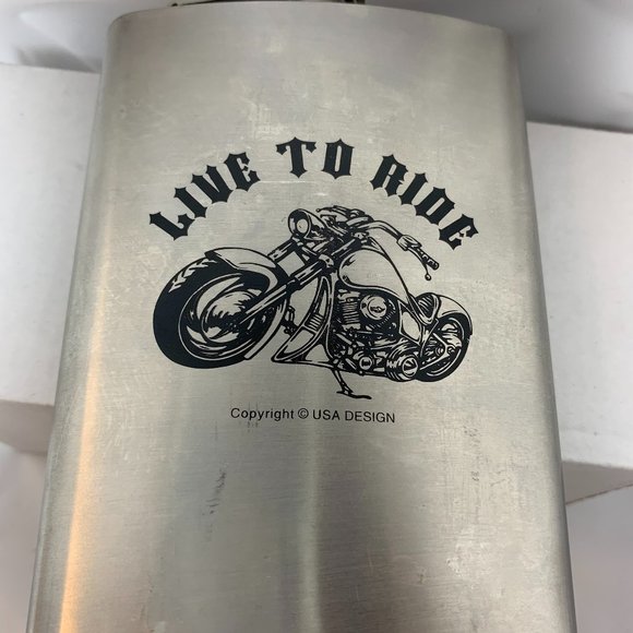 "LIVE TO RIDE" Motorcycle Rider Flask. 8 oz. Stainless Steel. (619) - Picture 1 of 6